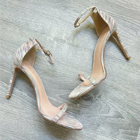 Stuart Weitzman Nudistsong Ankle Strap Striped Leather Heels Sandals Sz 10.5 - Picture 4 of 9